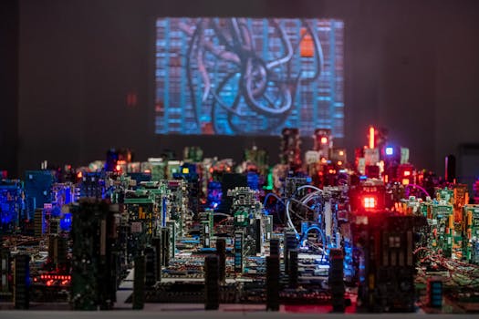 Miniature cityscape of circuit boards and components with vibrant lighting in a technological display.