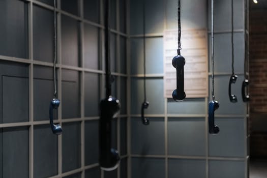 Artistic display of hanging vintage telephone receivers in a gallery. Unique and thought-provoking.