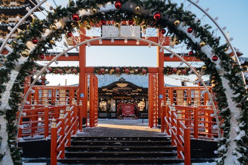 Entrance to a Shrine with Christmas Decorations