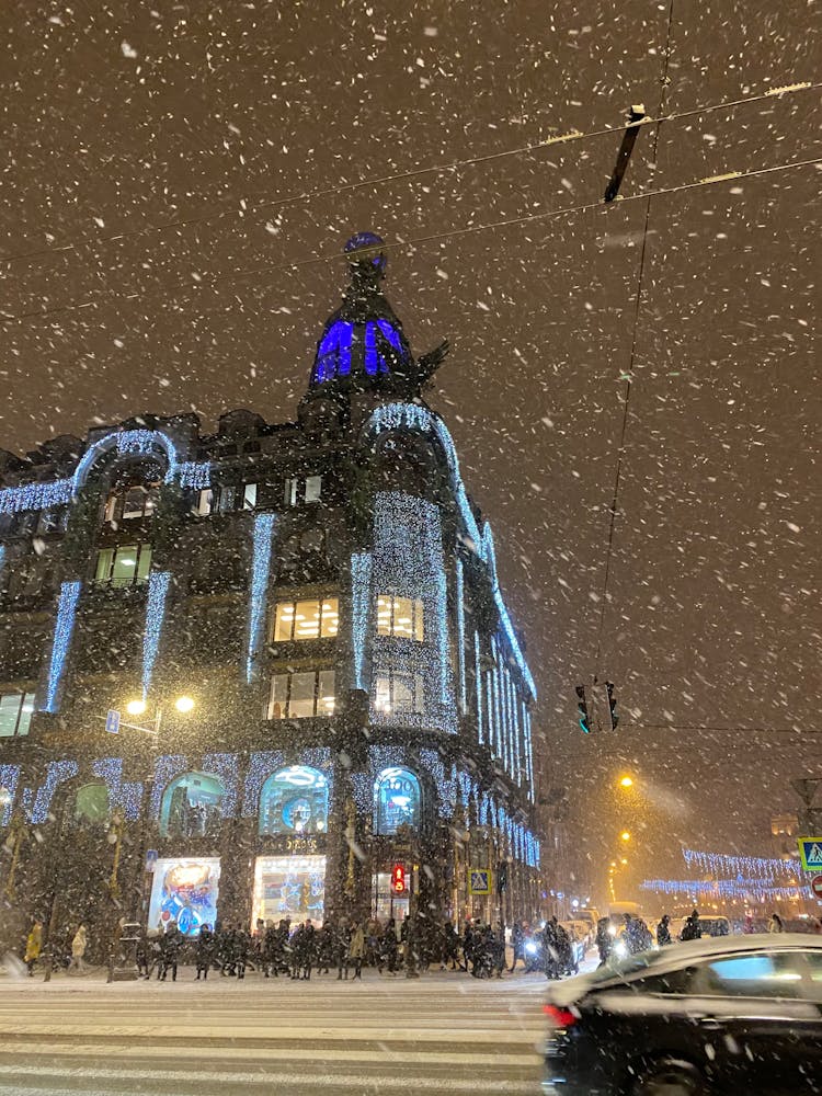 Corner Building Decorated For Christmas 