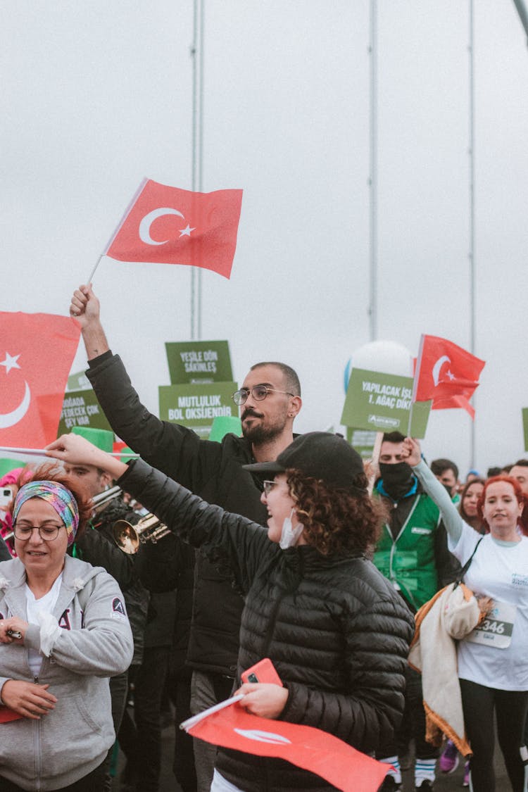 People With Flags Of Turkey During Rally