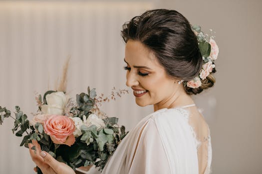 A bride in a white dress holding a bouquet, smiling with an elegant updo hairstyle.
