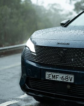 A Peugeot 3008 captured in the rain on a moody day in New South Wales, Australia.