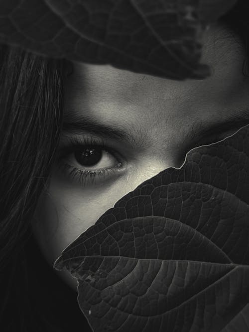 Free Grayscale Photo of Woman Behind a Leaf Stock Photo