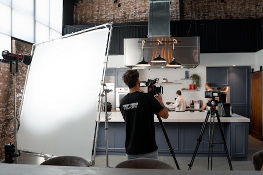 Explore a professional film crew capturing culinary art in a chic modern kitchen setup.