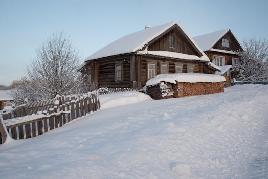 Rustic wooden cabins surrounded by snow and frost on a winter day