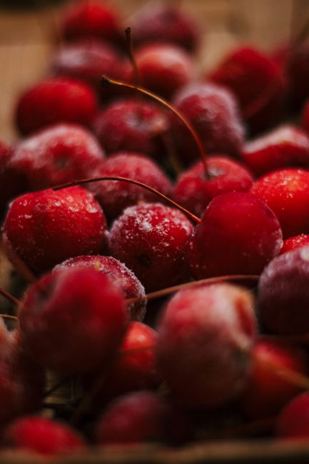 Macro shot of vibrant red, frosted cherries, showcasing their freshness.