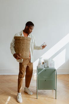 Adult man holding a laundry basket and examining a cleaning product in a sunlit room.