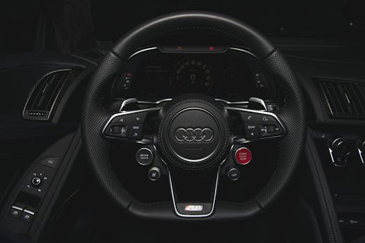 Close-up of a luxury car steering wheel featuring control buttons and logo.