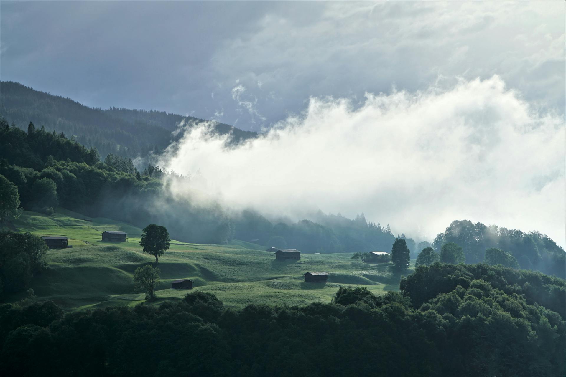 Scenic view of misty Swiss hills with barns and dense forests. Serene and picturesque.