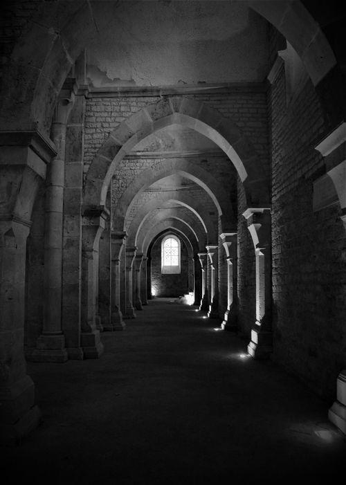 Free Explore a shadowy Gothic corridor with arches, capturing a timeless architectural design. Stock Photo