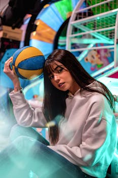 Stylish woman in arcade holding basketball, vibrant and colorful scene.