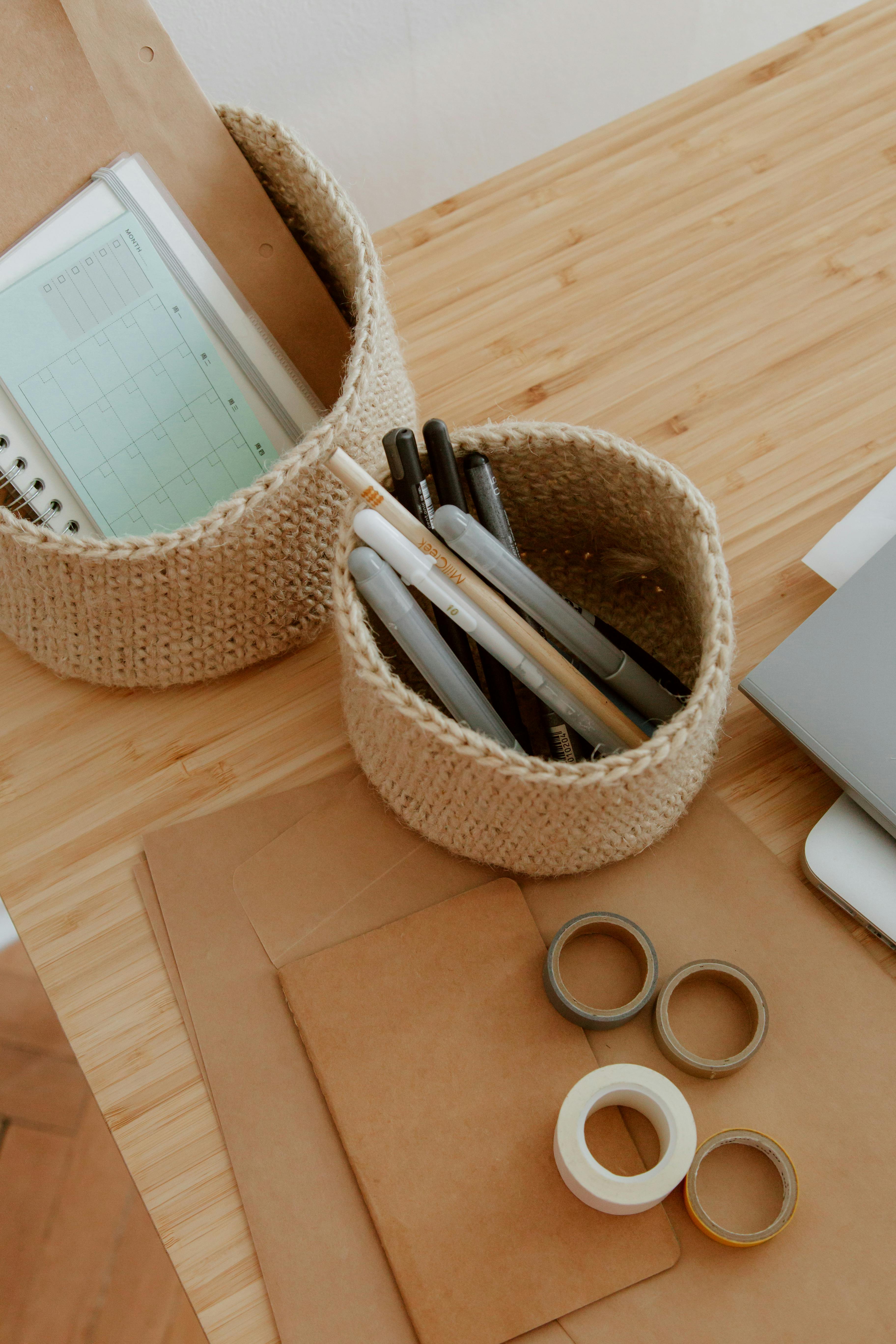 baskets with office supplies