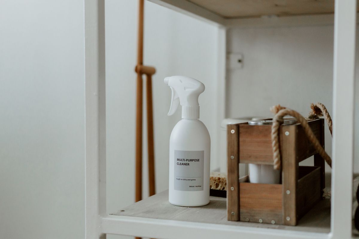 Cleaning products arranged neatly on a household shelf