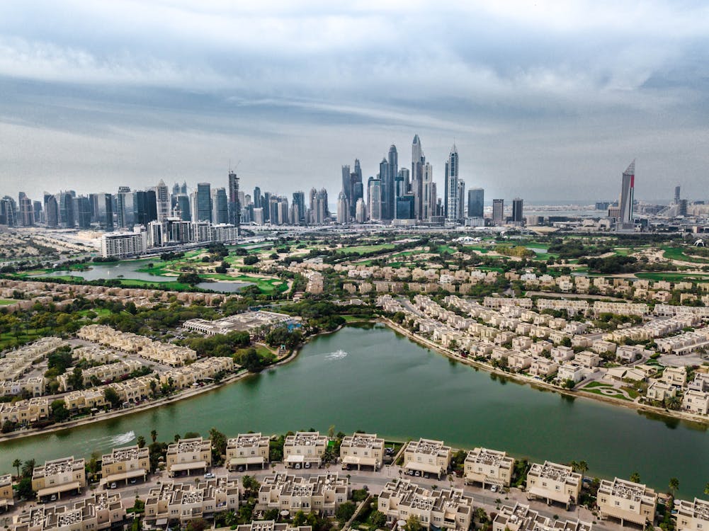 Aerial View of City Buildings Near Body of Water