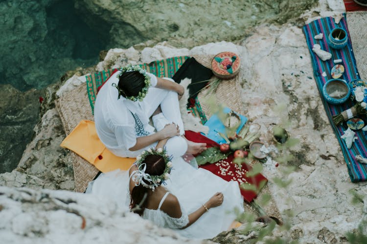 Overhead Shot Of A Newlywed Couple In A Mayan Ritual Ceremony