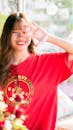 Woman Wearing Red Crew-neck Shirt