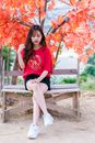 Woman Wearing Red V-neck Shirt Sitting Near Red Leafed Tree