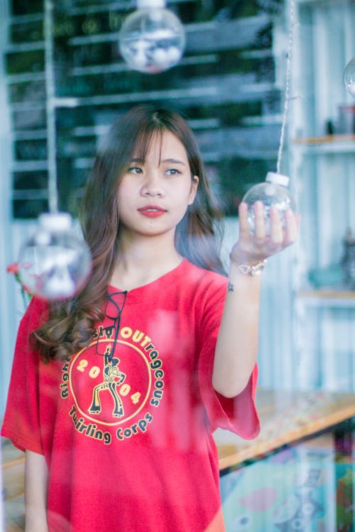 Woman Wearing Red V-neck T-shirt