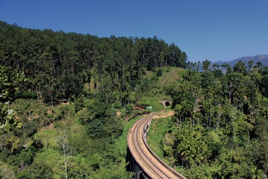 Beautiful aerial view of Demodara railway loop surrounded by lush greenery in Sri Lanka.