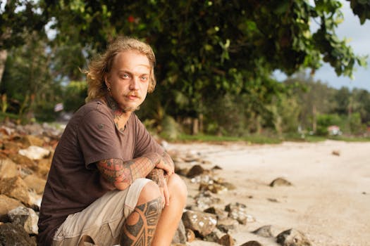 A tattooed man sitting on a rocky beach, surrounded by nature, looking thoughtful.