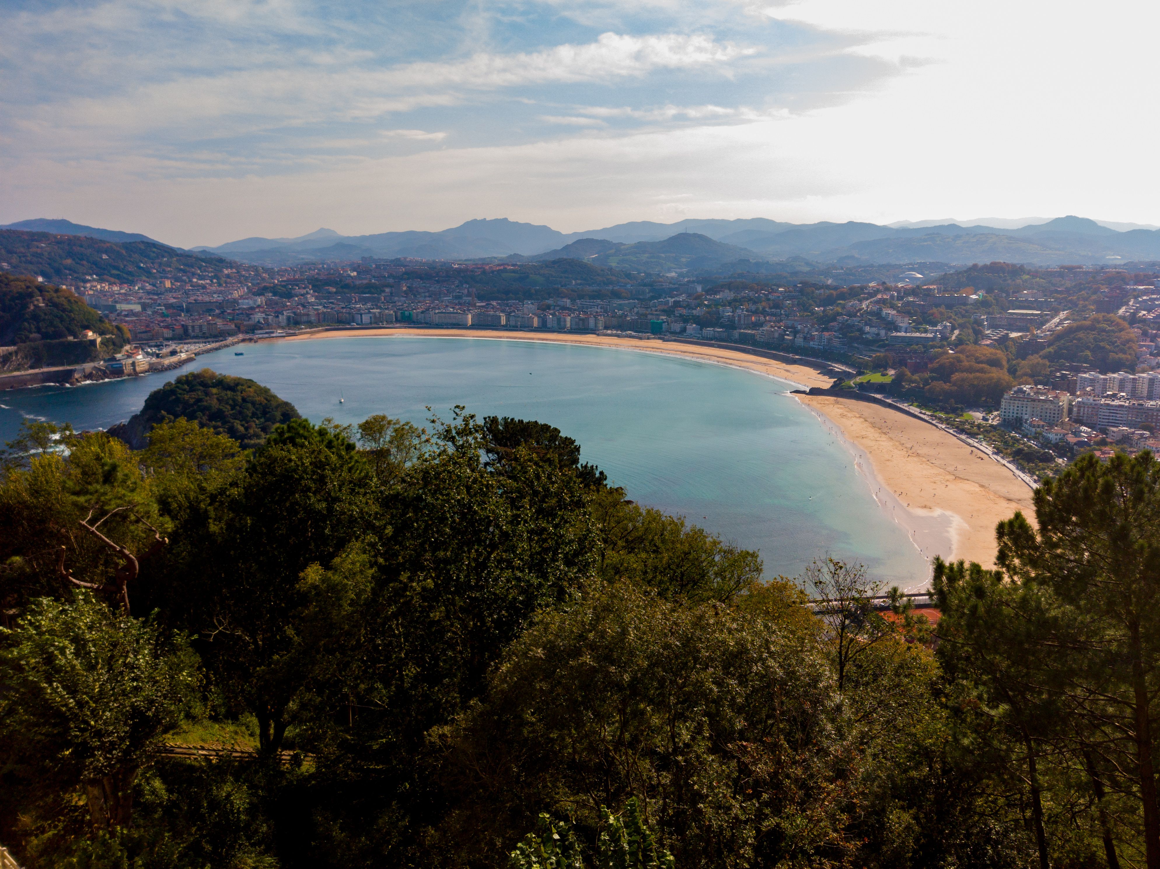 Aerial view of the La Concha crescent bay in San Sebastian, Spain, near Villa Favorita