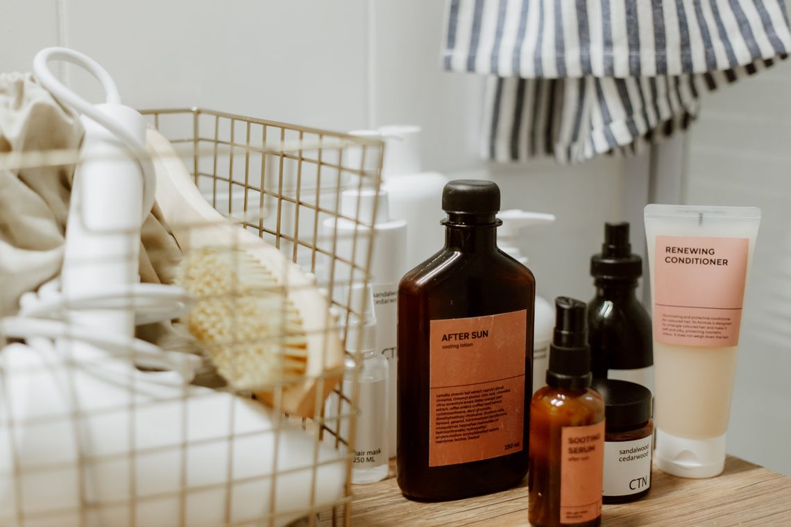 Organized personal care products in a clean modern bathroom