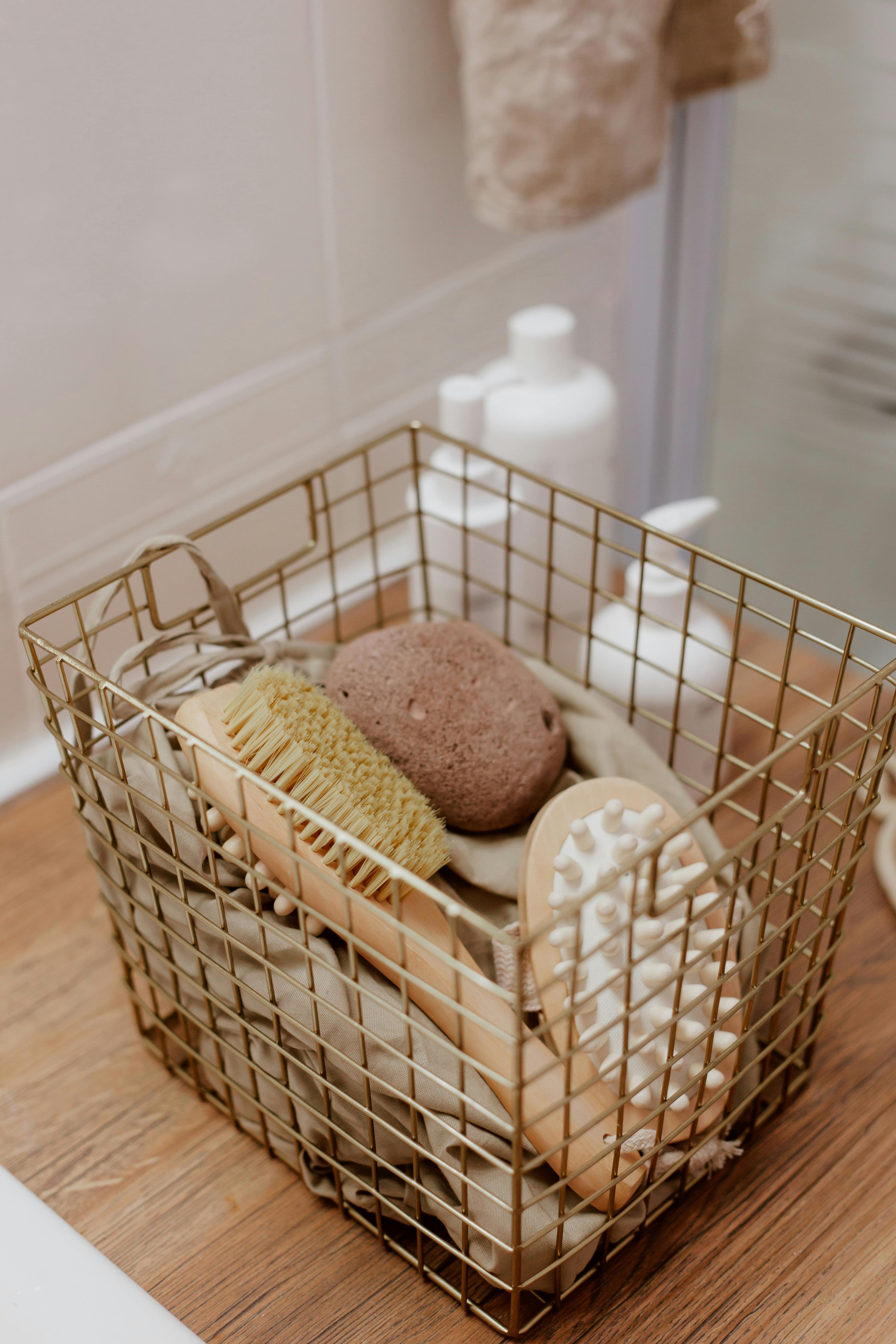 basket with brush in bathroom