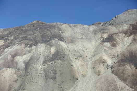 Photograph capturing the intricate erosion patterns on a barren desert mountain under a clear blue sky.