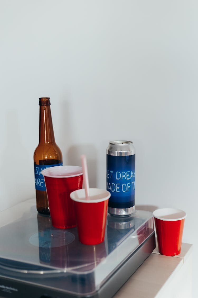 Disposable Cups And Alcoholic Drinks On A Turn Table