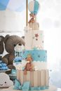 Blue Birthday Cake with Balloon and Teddy Bear