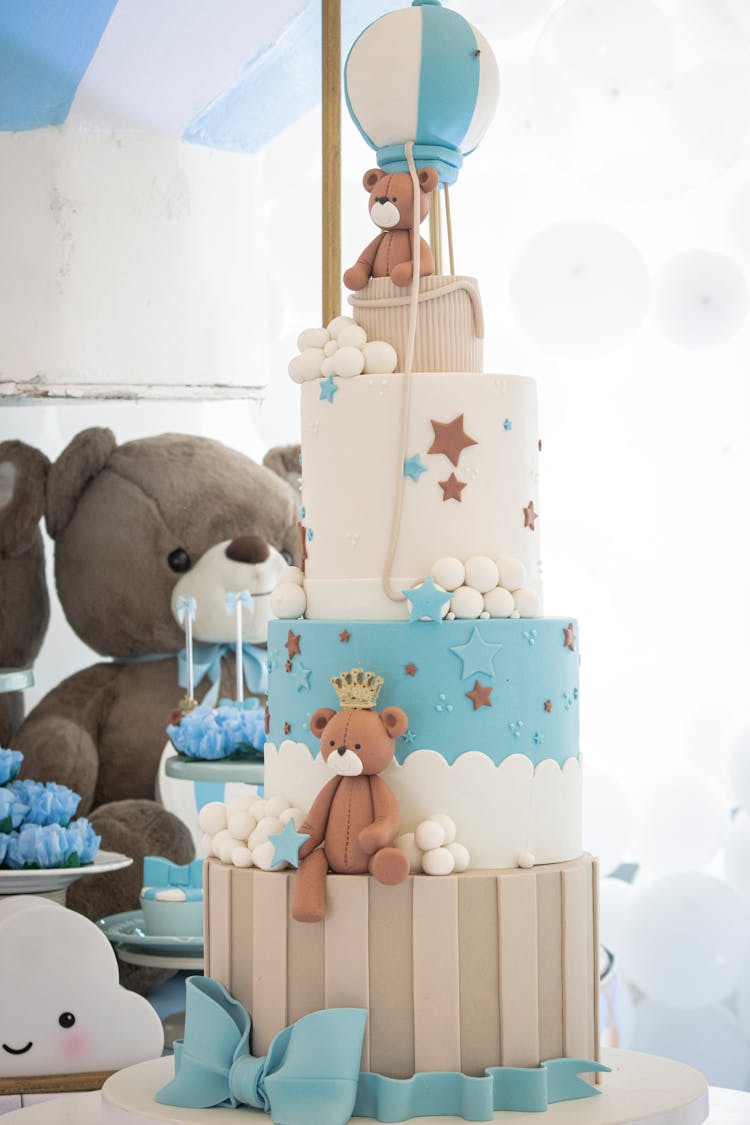 Blue Birthday Cake With Balloon And Teddy Bear 
