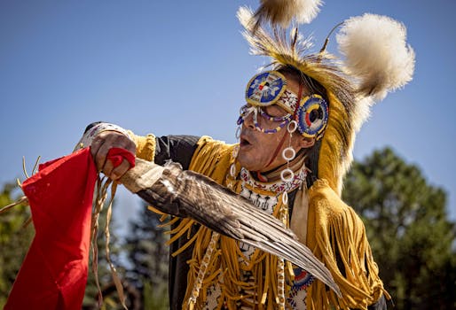 A Native American dancer in traditional attire performing outdoors in Colorado Springs.