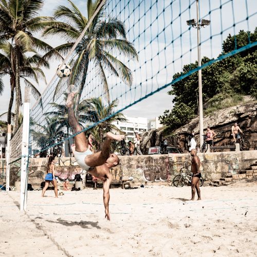 Free Men playing volleyball on a sunny beach with palm trees in the background. Stock Photo