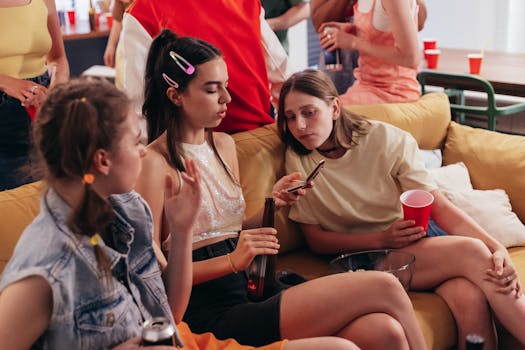 Young women at a casual house party chatting and using mobile phones.