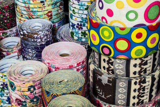 Colorful fabric rolls with diverse patterns on display, ideal for crafting and design.