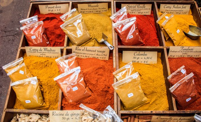 Indian spices — turmeric, red chilli, cumin, coriander, black pepper, cardamom