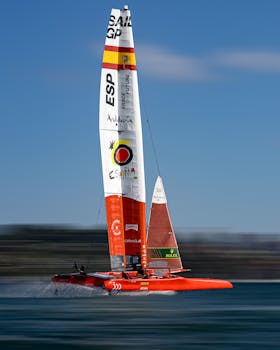 A dynamic Spanish sailboat competes in high-speed waters of Sydney, Australia.