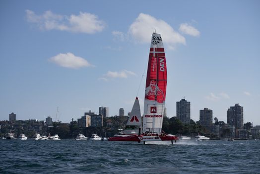 Side View of a F50 Foiling Catamaran at the SailGP in Australia