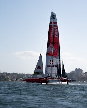 A hydrofoil catamaran sailing in Sydney Harbor, showcasing Denmark's sailing prowess.