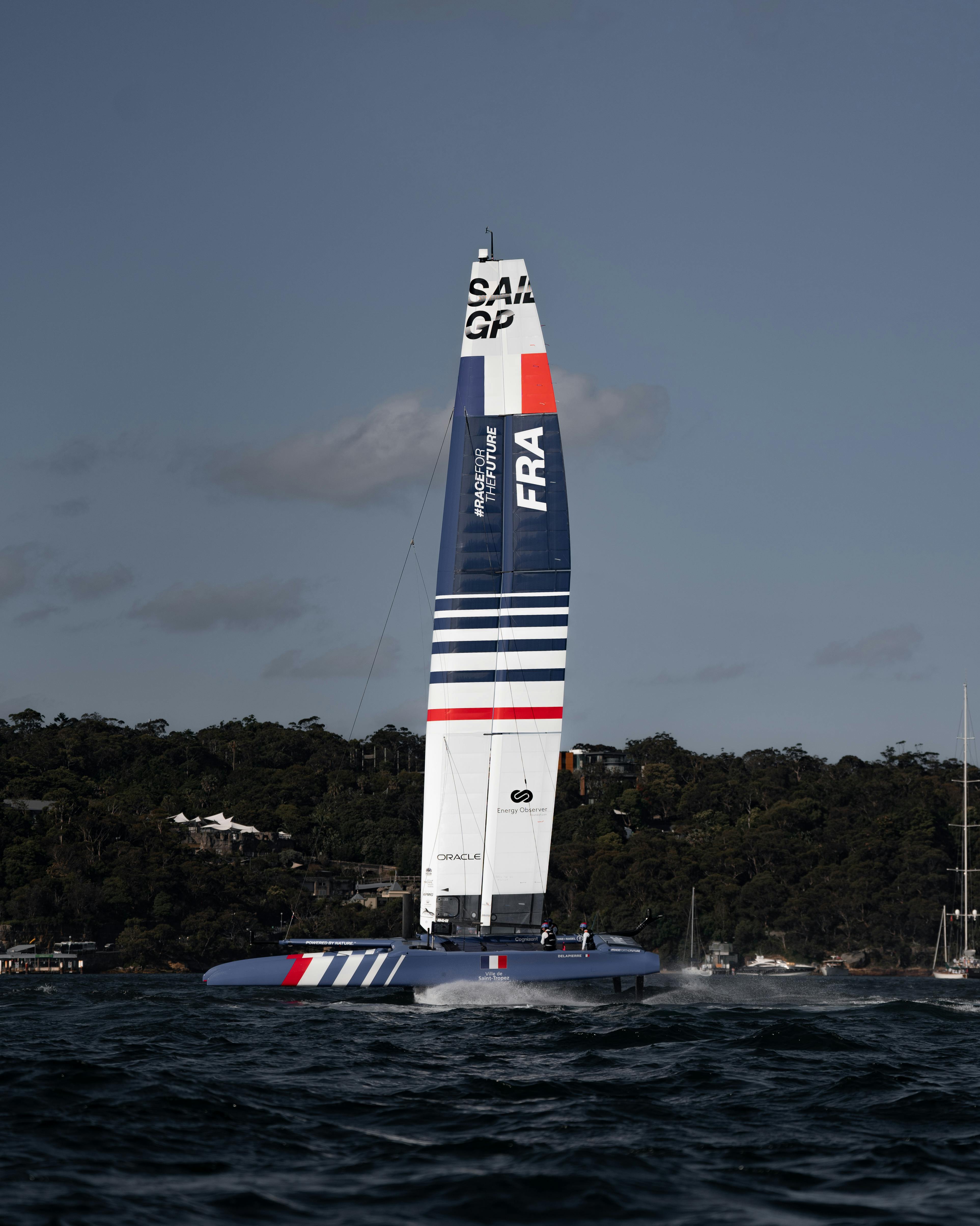 Side View of a F50 Foiling Catamaran at the SailGP in Australia