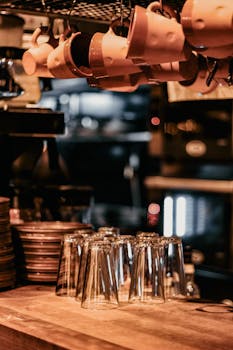 Cozy coffee shop counter with hanging cups and glasses, perfect for a relaxed atmosphere.