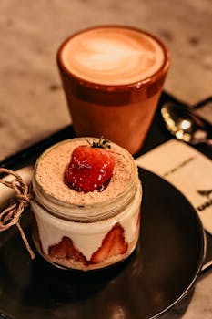 Close-up of a strawberry shortcake in a jar paired with a cappuccino on a wooden table.