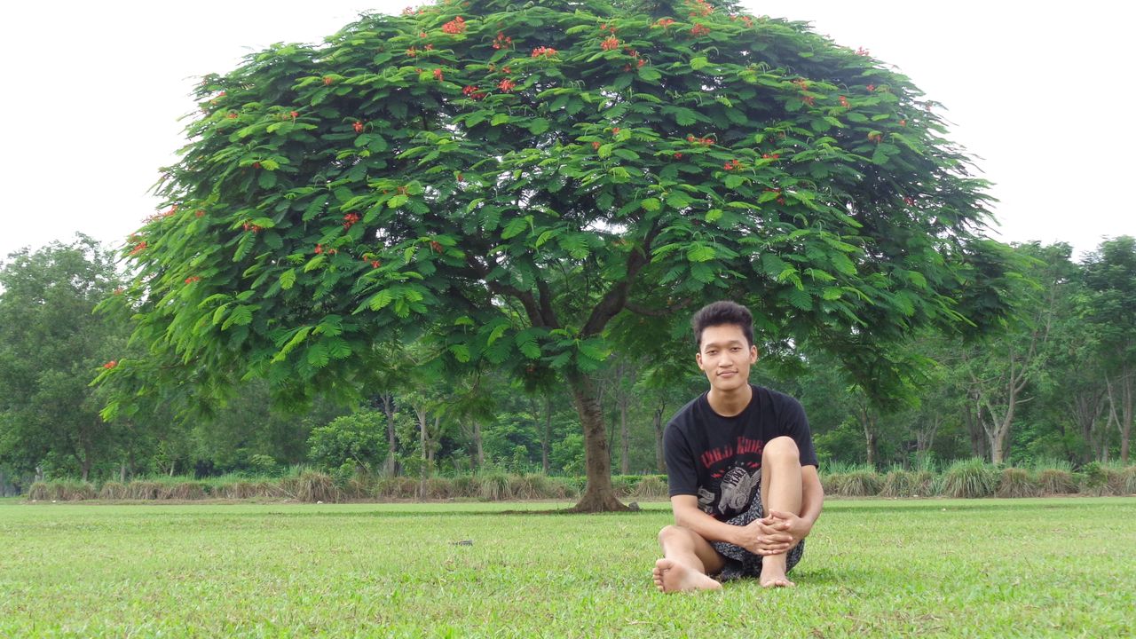 a young man sits barefoot on grass under a vibrant tree in an outdoor