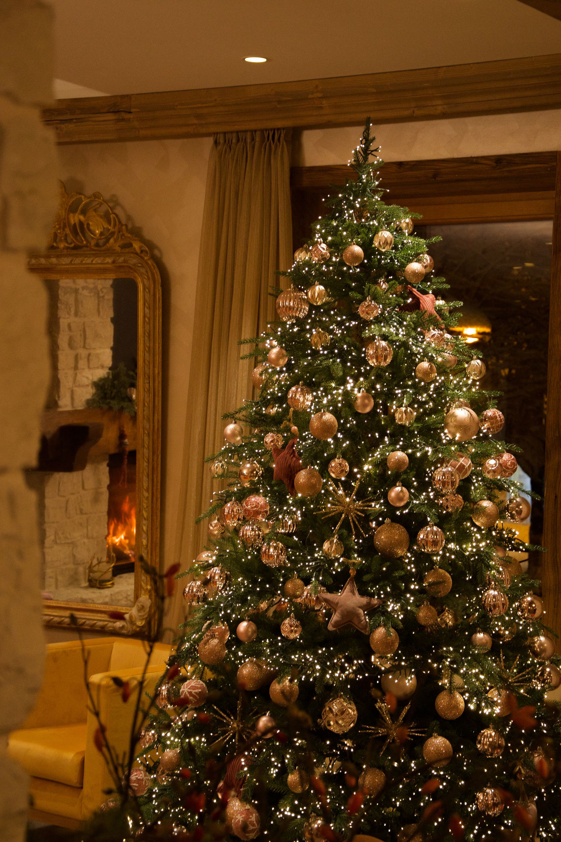 Minimal Christmas tree illuminated with warm lights