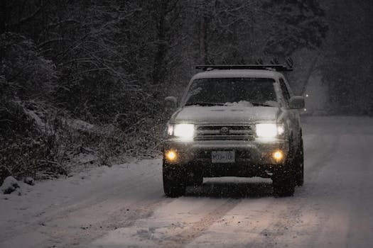 A snowy vehicle navigates through a winter road in Cumberland, BC, Canada.