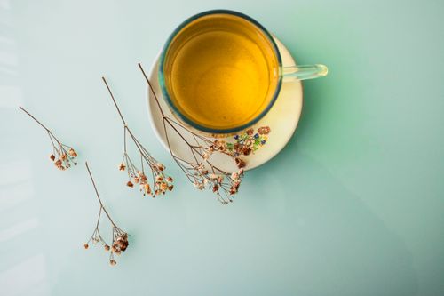 Free Minimalist top view of herbal tea in a glass cup with dried flowers for a calming aesthetic. Stock Photo