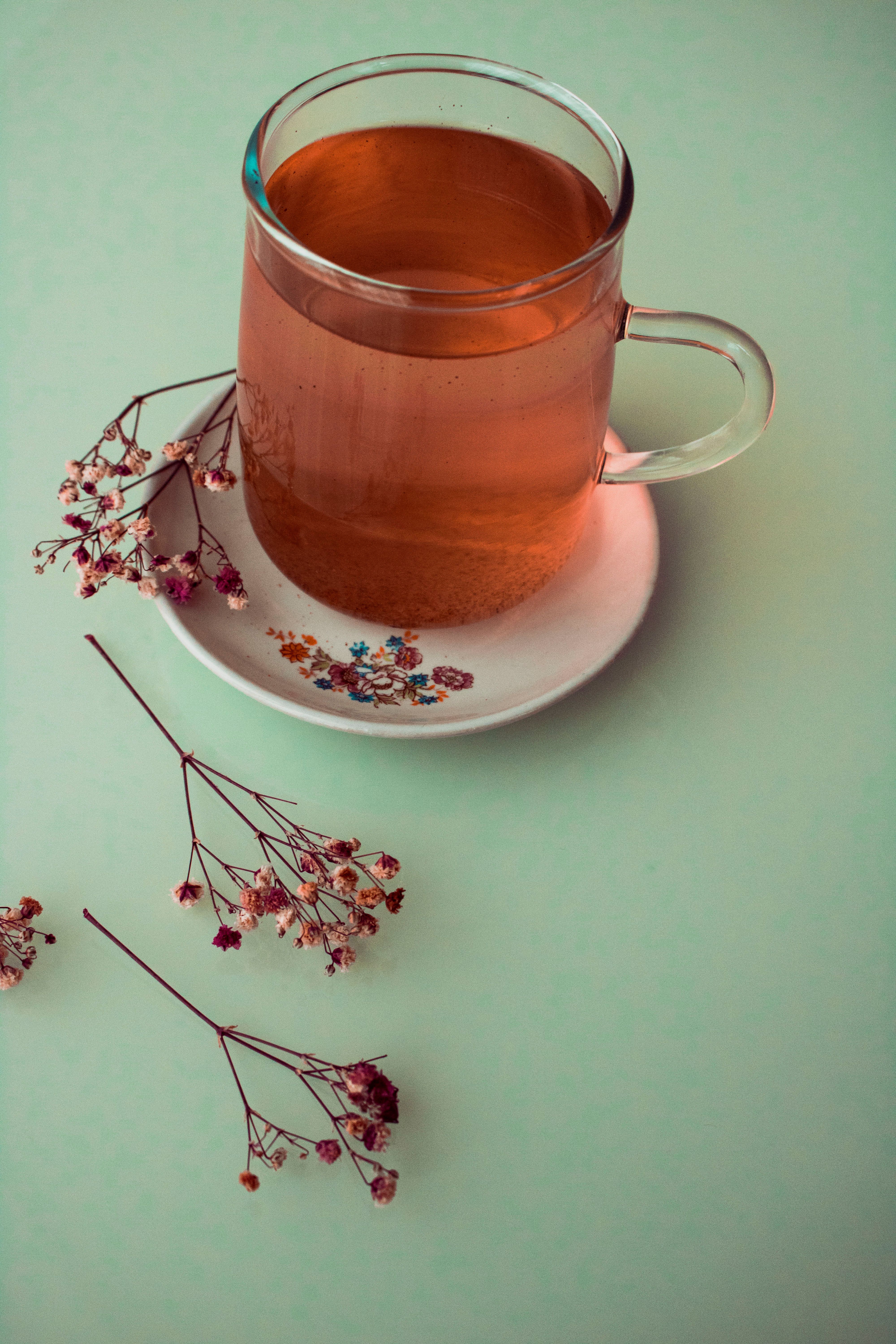 A glass of herbal tea on a floral plate with dried flowers on a pastel green background.