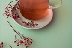 A glass of herbal tea on a floral plate with dried flowers on a pastel green background.