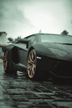Close-up of a Lamborghini Aventador parked on a rainy street, showcasing its elegance and design.